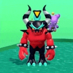 a red monster with horns is standing in the water with a purple toy on its back .