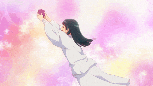 a girl with long black hair stands in front of a pink sky