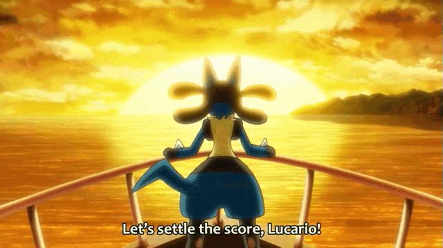 a cartoon character with the words let 's settle the score lucario