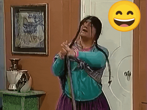 a cartoon of a woman holding a broom with a smiley face in the background