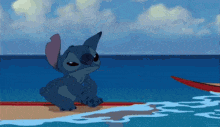 stitch from disney 's lilo and stitch is sitting on a surfboard near the ocean .