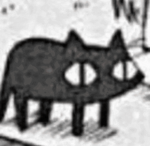 a black and white drawing of a black cat with big eyes .