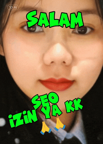 a close up of a woman 's face with the words salam seo izin ya kk