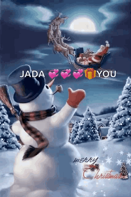 a snowman in front of a sleigh with santa in it