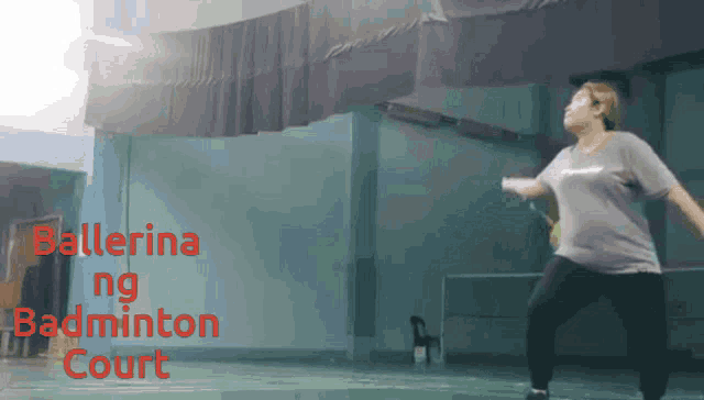 a woman playing badminton with the words ballerina ng badminton court