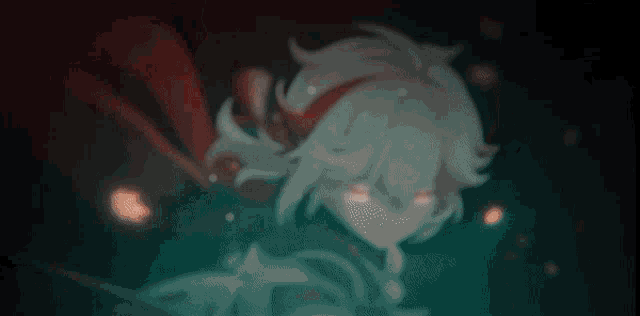 a close up of a person with red eyes and white hair