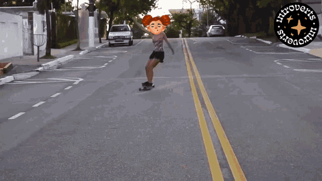 a woman is riding a skateboard down a street with the words introverts on the bottom right
