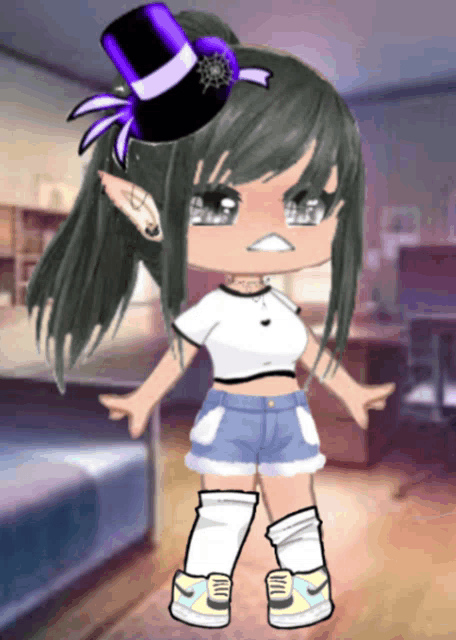 a girl wearing a top hat and shorts is standing in a room with her arms outstretched