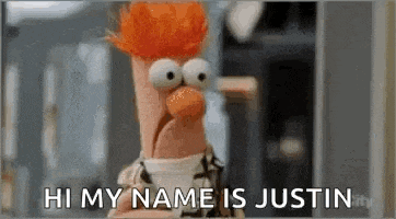 beaker from the muppets is holding a cup and saying `` hi my name is justin '' .