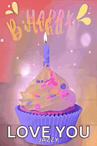 a happy birthday card with a cupcake with a candle on top .