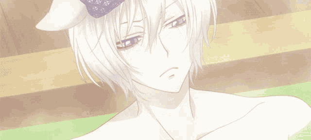 a white haired anime character with a purple hat on his head