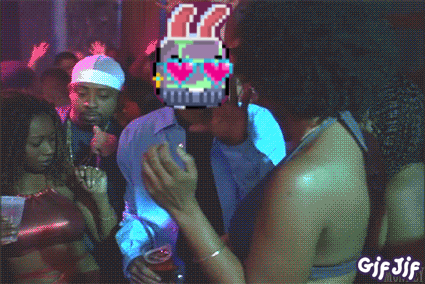 a gif of a man dancing with a pixelated skull on his head says gif jif