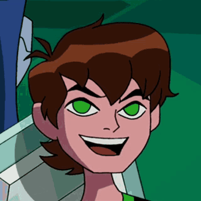 a cartoon character with brown hair and green eyes smiling