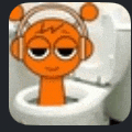 an orange cartoon character wearing headphones is sitting in a toilet .