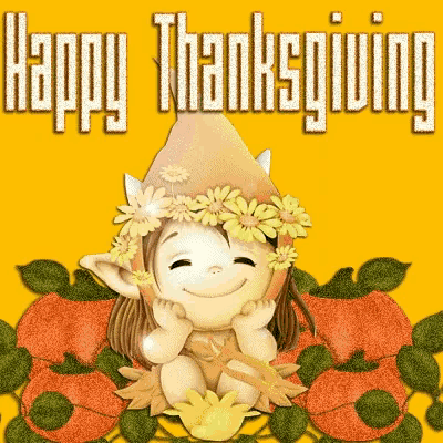 a happy thanksgiving card with a gnome wearing flowers on her hat