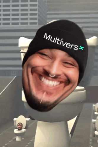 a man wearing a hat that says multivers x is sitting on a toilet