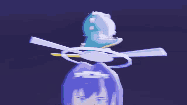 a cartoon character with blue hair and a statue on her head