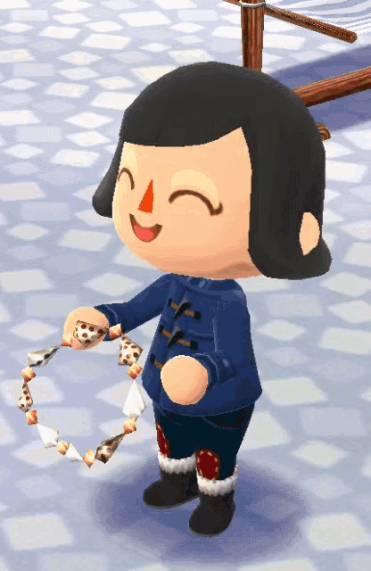 a cartoon character wearing a blue jacket and black pants is smiling and holding a necklace