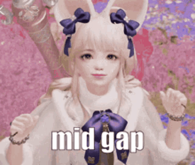 a girl with bunny ears is wearing a white coat and a purple bow and has the words mid gap written on her face .