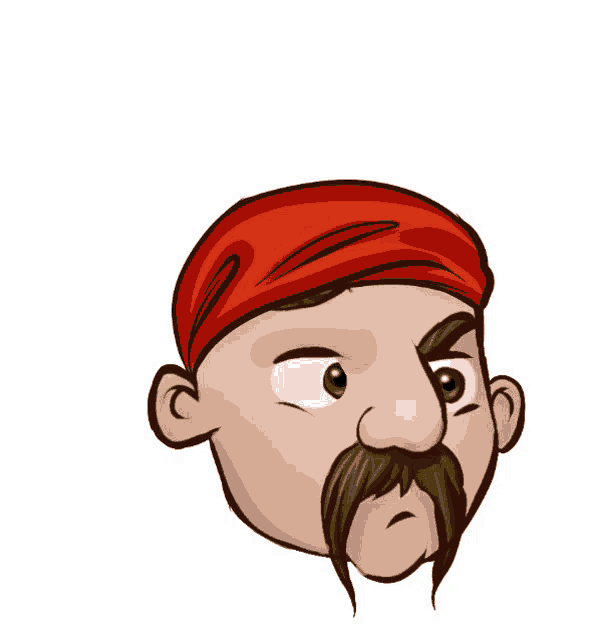 a cartoon drawing of a man with a red headband and a mustache