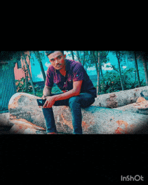 a young man sits on a log holding a cell phone in his hand