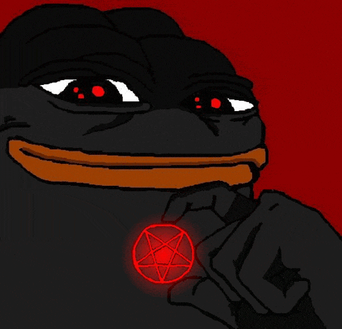 a black frog with red eyes is holding a pentagram in his hand
