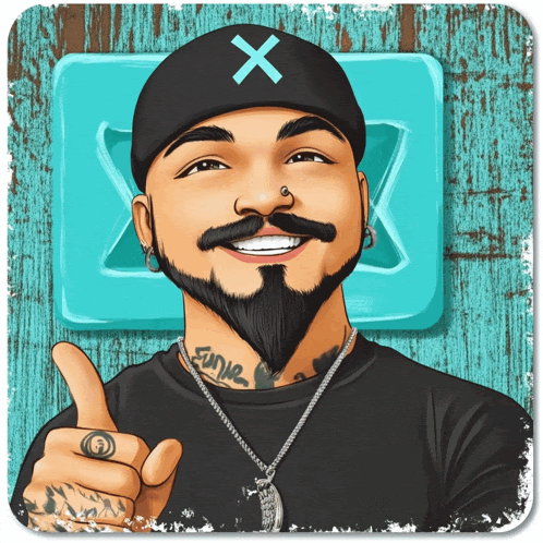 a cartoon drawing of a man with a beard wearing a black hat with an x on it