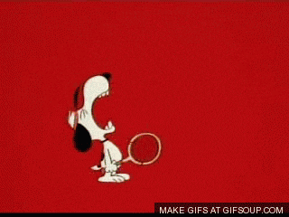 a cartoon of snoopy holding a tennis racquet with the words " aa ugghh " written in yellow