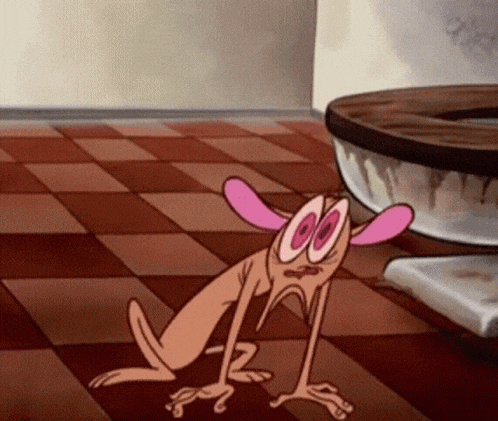 a cartoon dog with pink ears is crawling on the floor near a toilet .