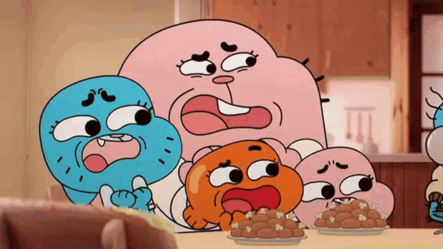 a group of cartoon characters are sitting at a table with plates of food