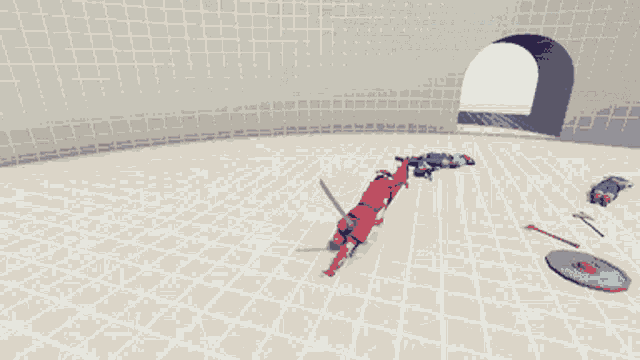 a pixel art drawing of a man laying on the ground with a sword in his hand