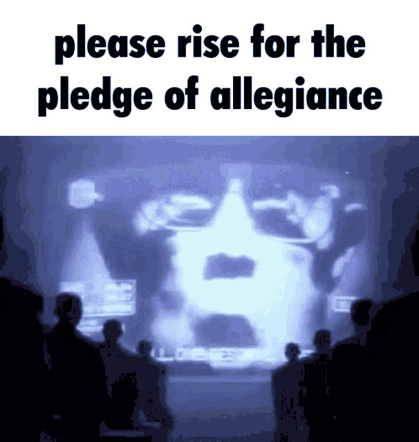 a group of people standing in front of a screen that says please rise for the pledge of allegiance on it