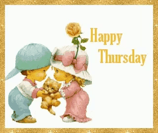 a happy thursday greeting card with two children and a kitten