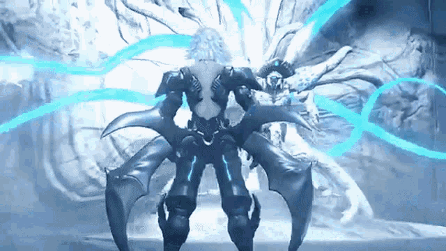 a video game character is standing in front of a huge monster
