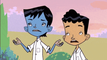 two cartoon characters are standing next to each other