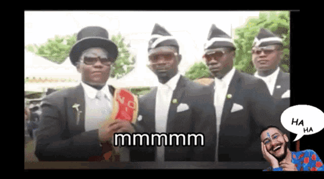 a group of men standing next to each other with a speech bubble that says mmmmm