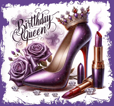 a purple shoe with a crown on it and the words birthday queen below it