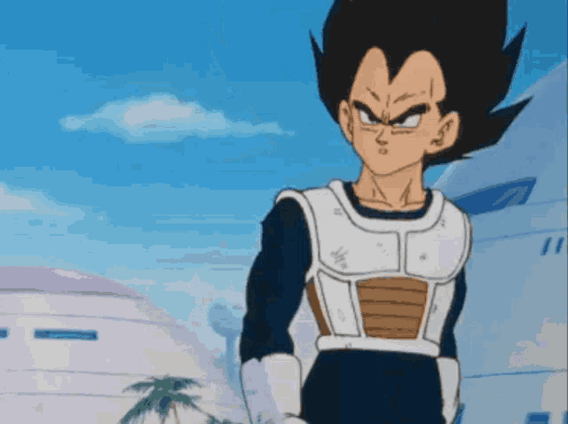 a cartoon character named vegeta is standing in front of a building