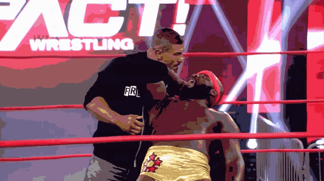 two men in a wrestling ring with a sign that says fact wrestling