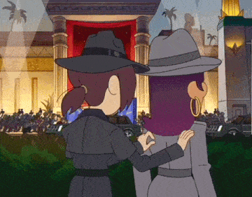 a cartoon of two women standing next to each other in front of a crowd