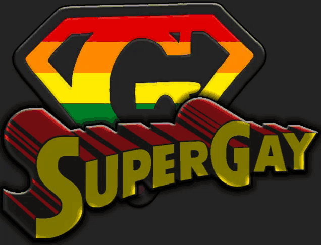 a logo for super gay with a rainbow colored superhero emblem
