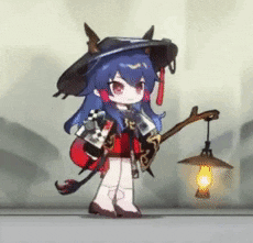 a cartoon girl with blue hair is holding a lantern and a sword .