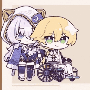 a couple of anime characters standing next to each other , one of whom is in a wheelchair .