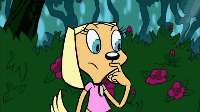 a cartoon dog in a pink shirt is standing in the grass