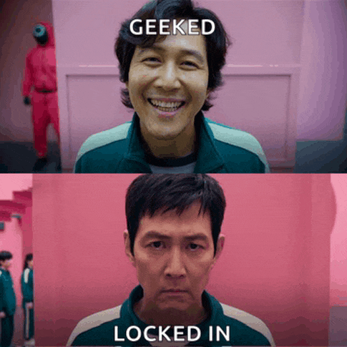 a picture of a man with the words geeked and locked in below him