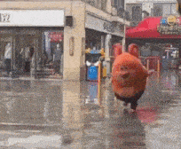 a stuffed animal is walking down a wet street in front of a store .