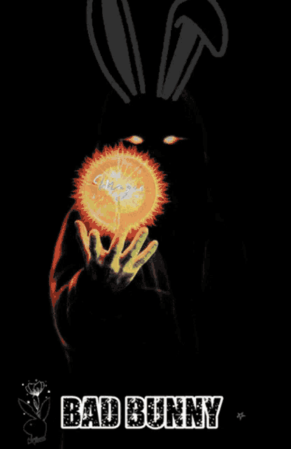 a poster for bad bunny shows a rabbit holding a glowing object