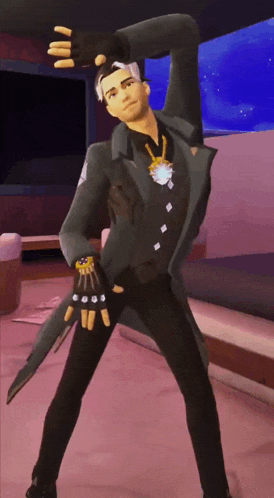a man in a black jacket and black pants is standing on one leg