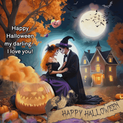 a happy halloween greeting card with a skeleton couple