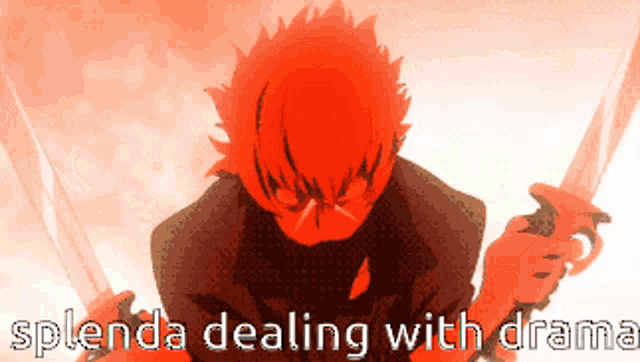 a man with red hair is holding two swords with the words splenda dealing with drama written below him